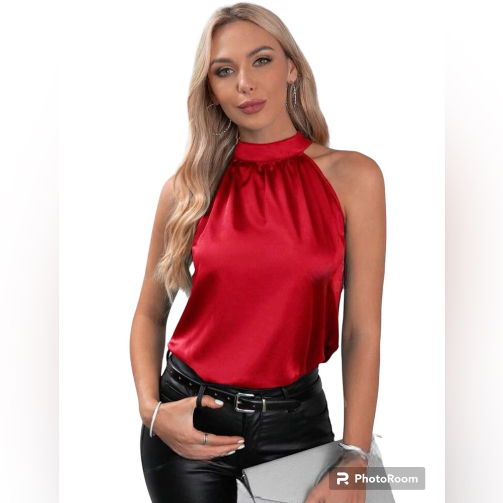 Satin halter blouse red top shirt silk silky sleeveless party S 4